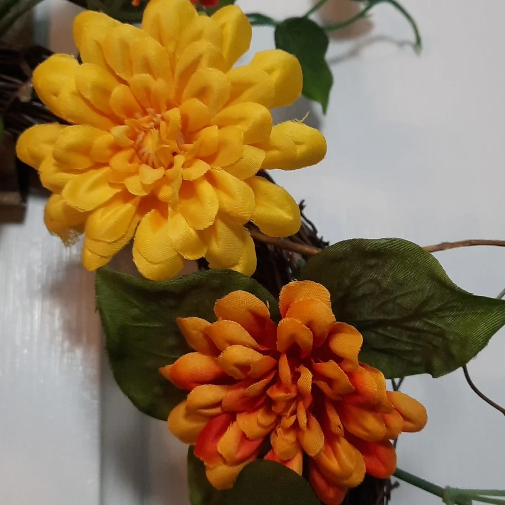 Zinnia Wreath Yellow Orange Flower Artificial Floral Candle Ring Centerpiece